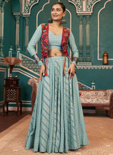 Pista Green Viscose Rayon Navratri Lehenga Choli with Foil Print